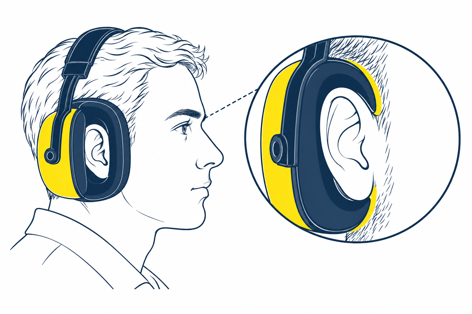 Illustration montrant comment un coussinet antibruit entre en contact avec la t&ecirc;te autour de l'oreille