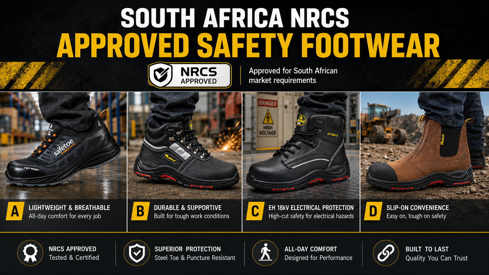 Collection de chaussures de s&eacute;curit&eacute; approuv&eacute;es par le NRCS d'Afrique du Sud avec des chaussures de s&eacute;curit&eacute; l&eacute;g&egrave;res, durables, contre les risques &eacute;lectriques et &agrave; enfiler