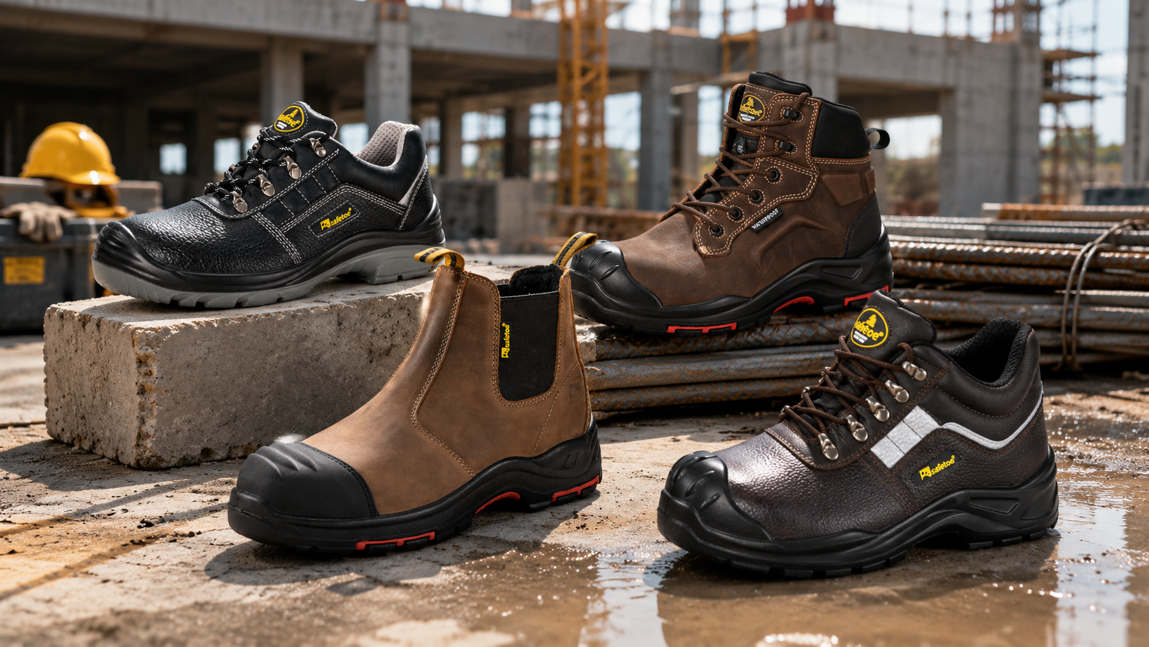 Quatre styles de chaussures de s&eacute;curit&eacute; de construction Safetoe expos&eacute;s sur un chantier humide