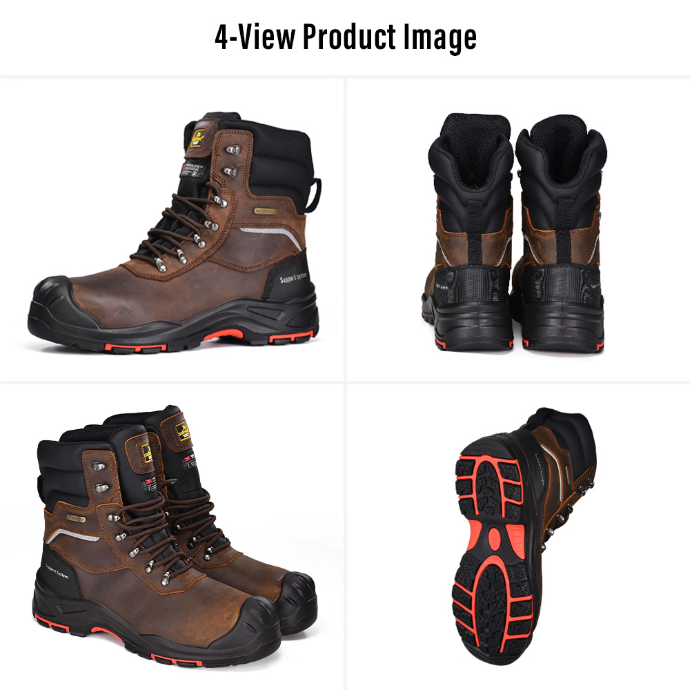 Quatre vues des bottes de s&eacute;curit&eacute; isol&eacute;es en cuir marron H-9552 pour les travaux miniers