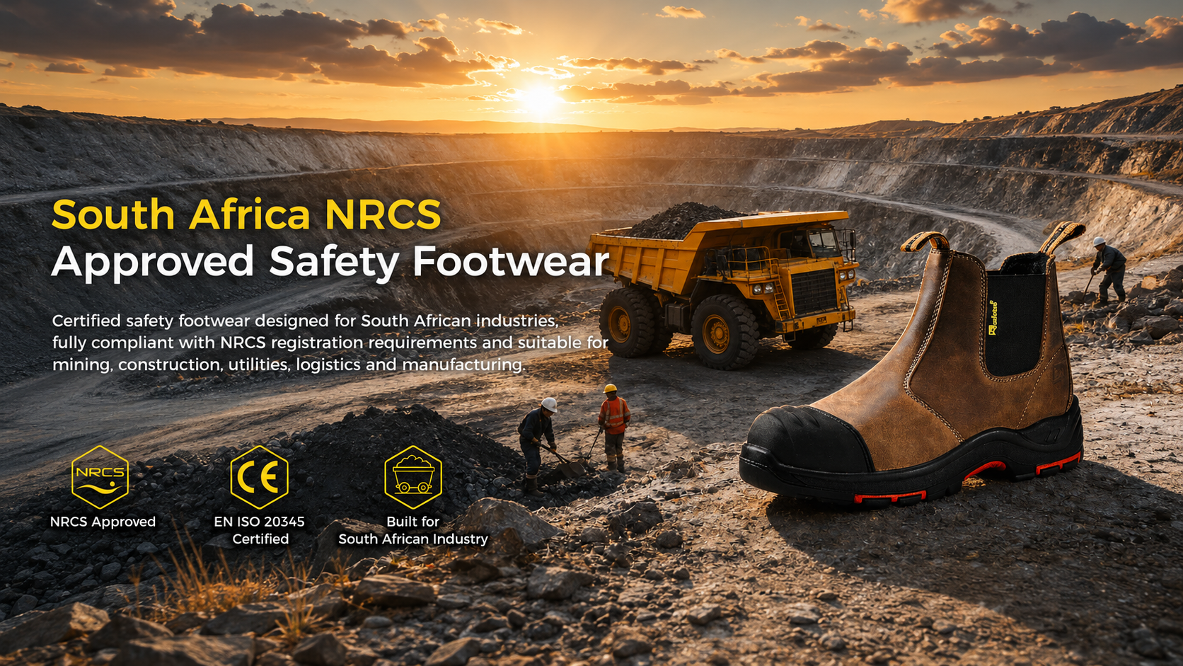 Botte de s&eacute;curit&eacute; marron expos&eacute;e dans une mine &agrave; ciel ouvert d'Afrique du Sud, faisant la promotion de chaussures de s&eacute;curit&eacute; approuv&eacute;es par le NRCS pour les industries mini&egrave;res
