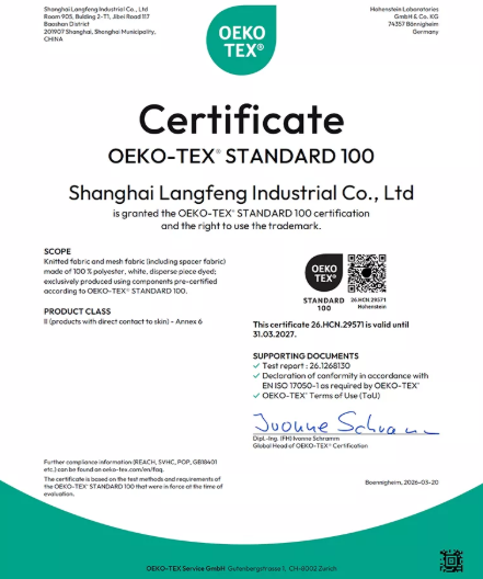 Certificat OEKO-TEX&reg; STANDARD 100 d&eacute;livr&eacute; &agrave; Shanghai Langfeng Industrial Co., Ltd. pour les tissus tricot&eacute;s et en maille