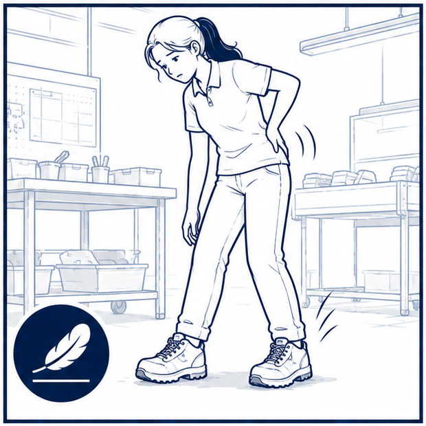 Travailleuse souffrant de fatigue des pieds due au port de chaussures de s&eacute;curit&eacute; lourdes pendant un long quart de travail