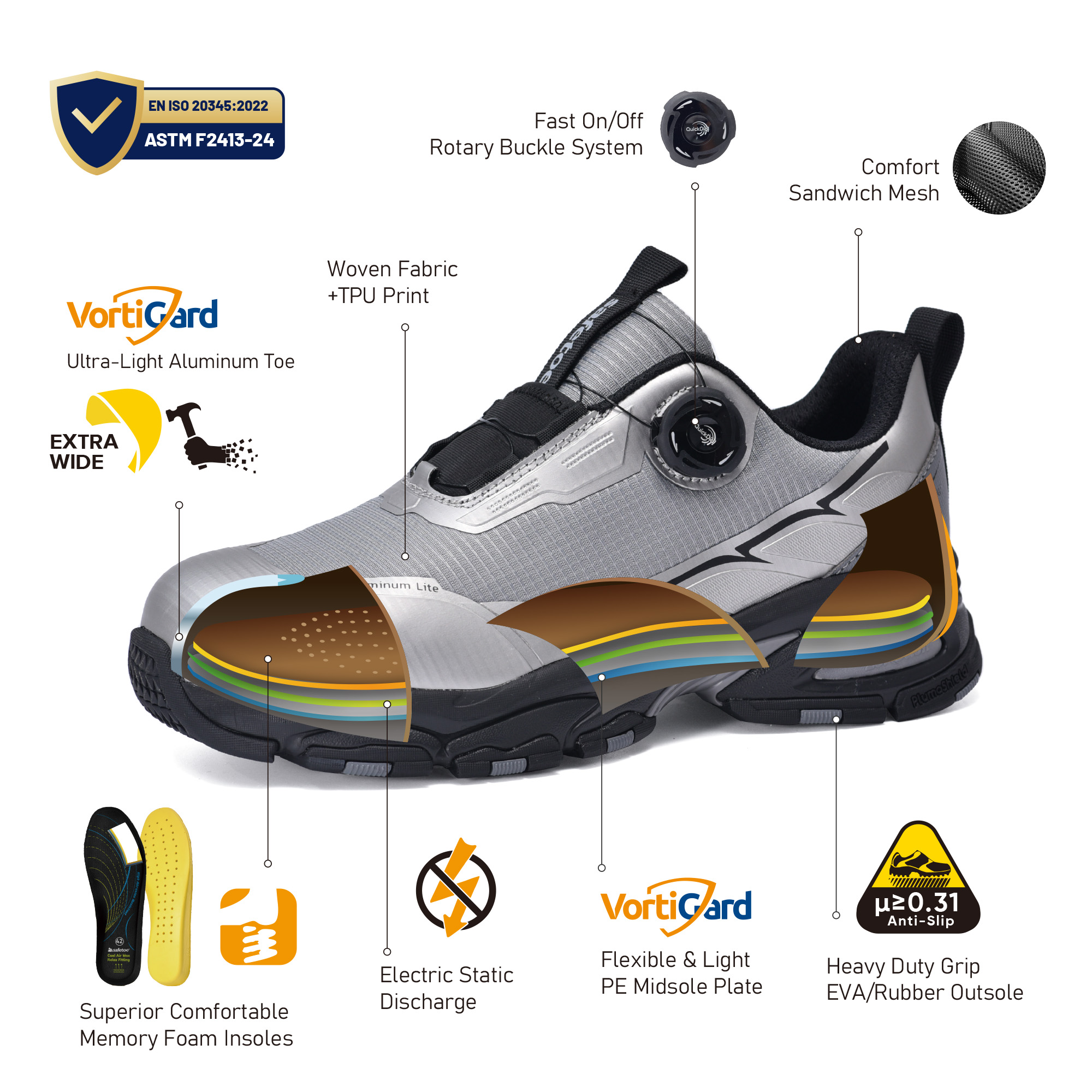 Chaussures de sécurité Sports Design QuickDial, embout en aluminium S1P et antidérapant pour les travailleurs de la logistique L-7601 gris