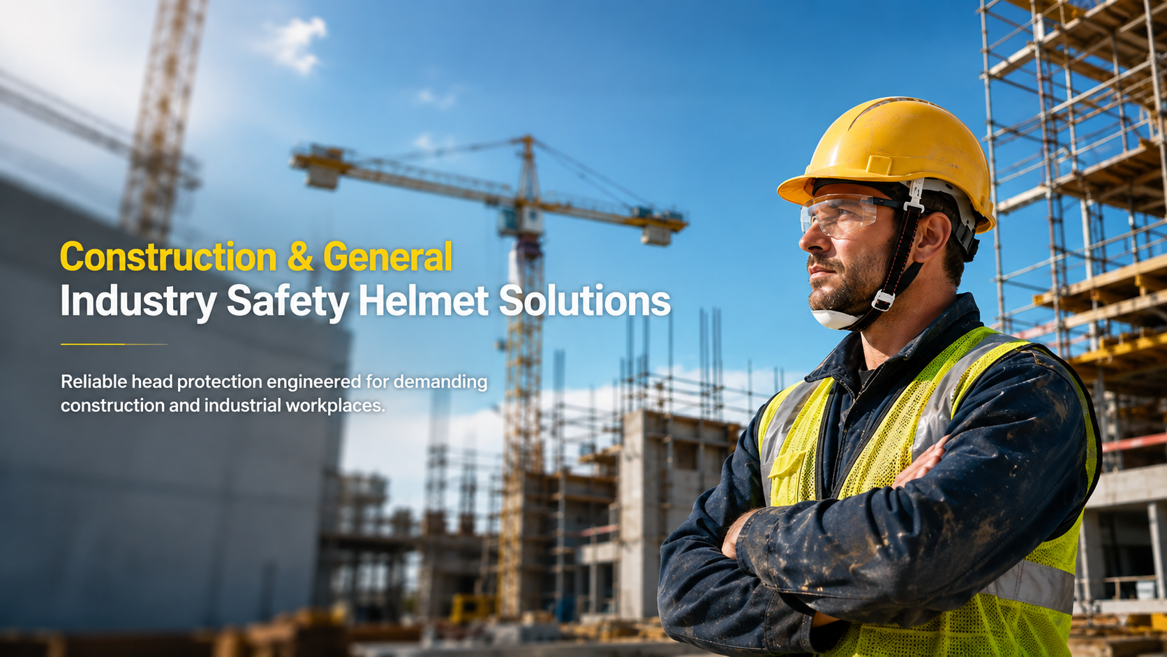 Ouvrier du b&acirc;timent portant un casque de s&eacute;curit&eacute; jaune sur un chantier actif avec des grues et des &eacute;chafaudages