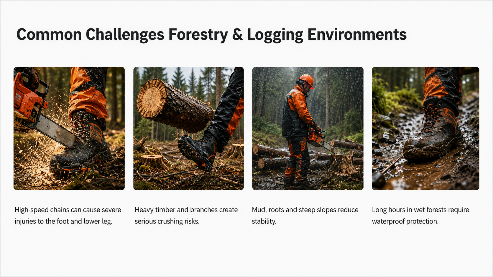Risques courants li&eacute;s &agrave; la foresterie et &agrave; l'exploitation foresti&egrave;re, notamment les blessures caus&eacute;es par les scies &agrave; cha&icirc;ne, les chutes de bois, les terrains instables et les conditions de travail humides.