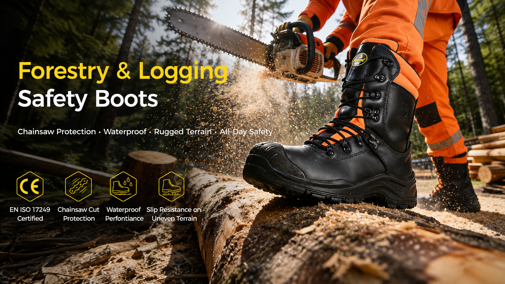 Bottes de s&eacute;curit&eacute; pour la foresterie et l'exploitation foresti&egrave;re avec protection contre les tron&ccedil;onneuses, performances imperm&eacute;ables et r&eacute;sistance au glissement sur terrain accident&eacute;