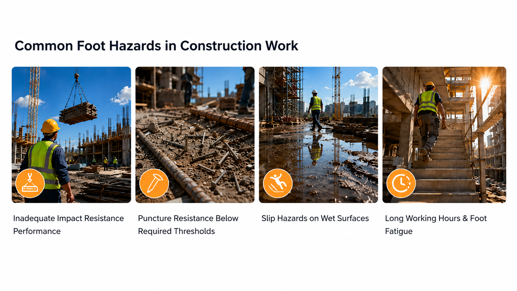 Risques courants li&eacute;s aux pieds dans les travaux de construction, notamment les risques d'impact, de perforation, de glissement et de fatigue