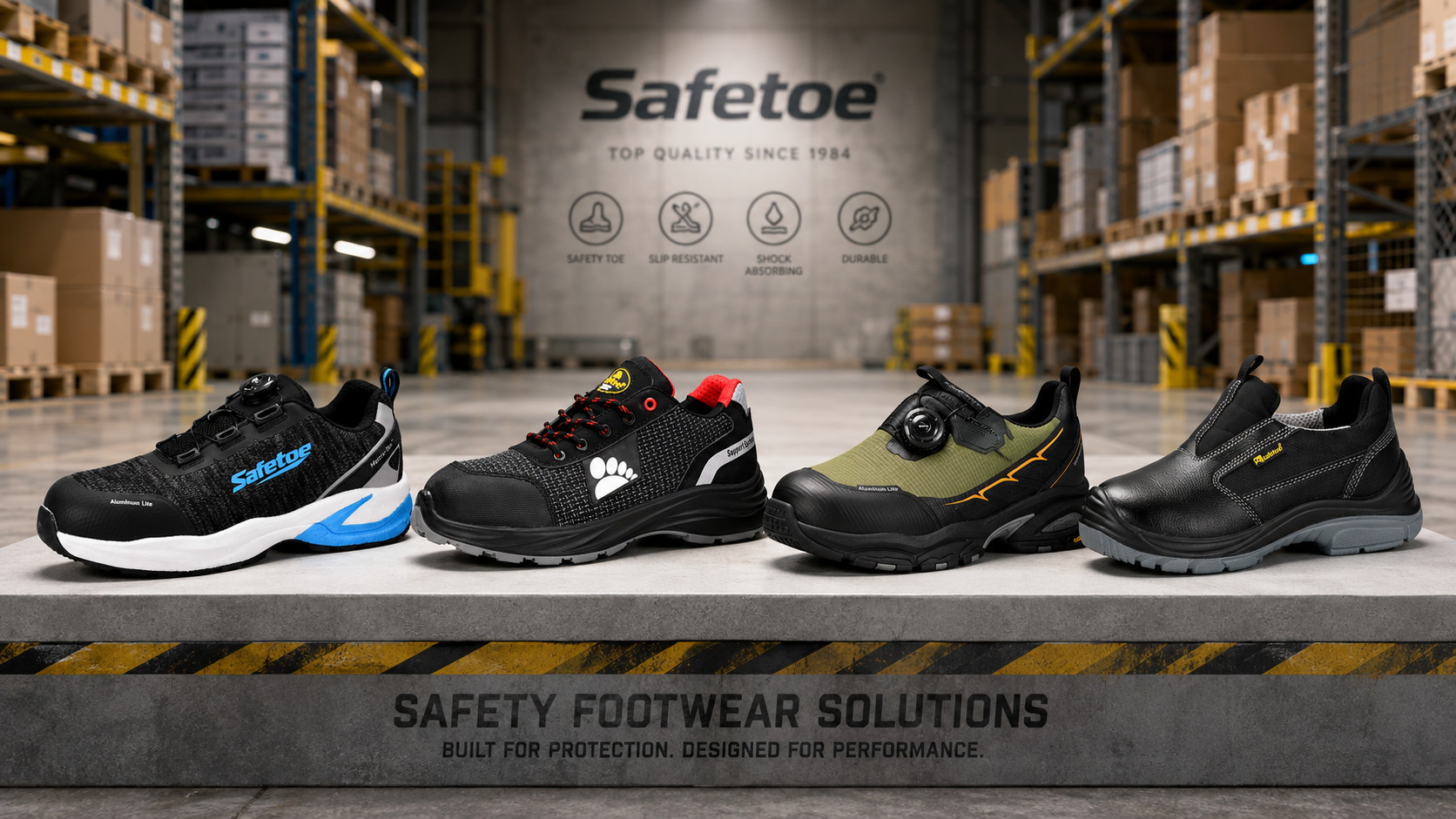 Safetoe solutions de chaussures de s&eacute;curit&eacute; pour les employ&eacute;s des entrep&ocirc;ts et de la logistique avec quatre styles de chaussures de s&eacute;curit&eacute; l&eacute;g&egrave;res