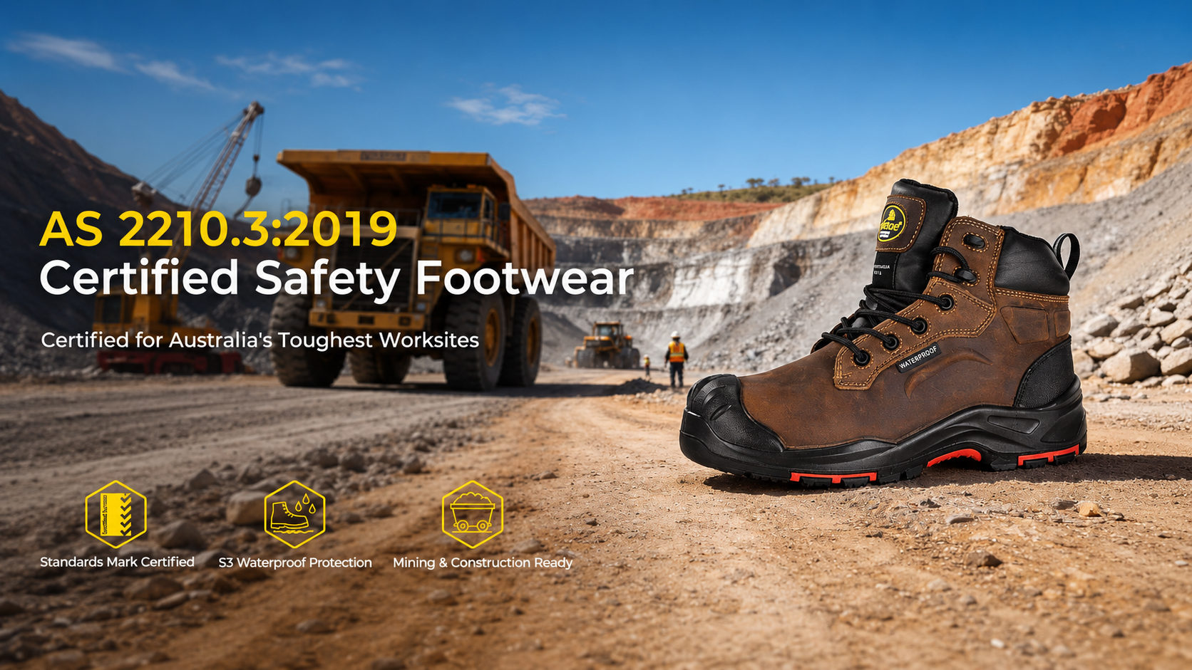 Botte de s&eacute;curit&eacute; marron imperm&eacute;able certifi&eacute;e AS 2210.3&nbsp;:&nbsp;2019 expos&eacute;e sur un site minier australien &agrave; ciel ouvert