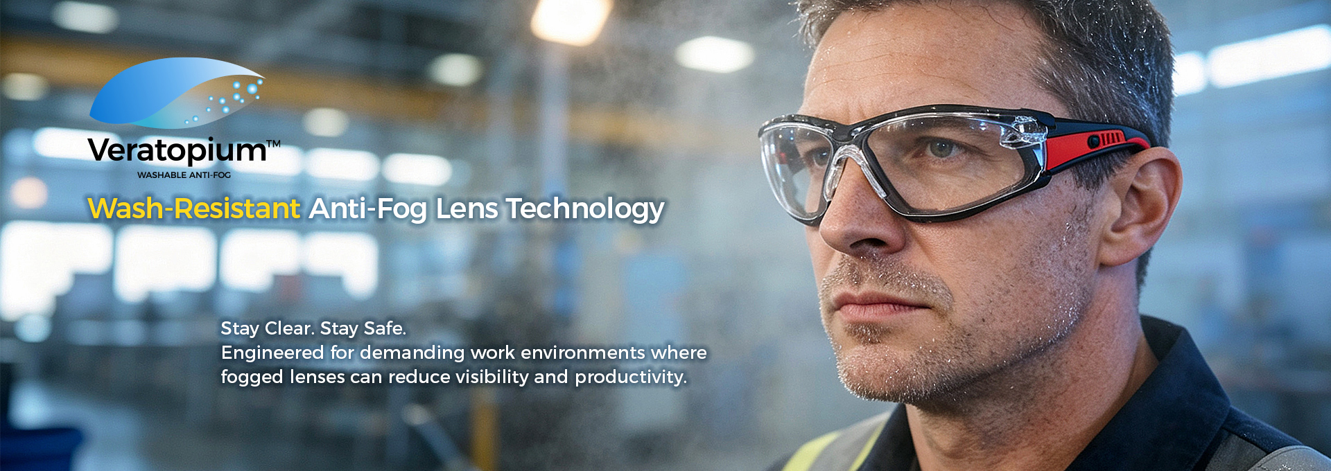 Travailleur portant des lunettes de s&eacute;curit&eacute; sur un lieu de travail industriel avec la marque de technologie antibu&eacute;e Veratopium™