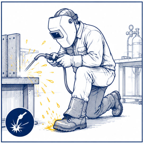 Soudeur travaillant &agrave; proximit&eacute; d'&eacute;tincelles et d'&eacute;claboussures de m&eacute;tal chaud, illustrant les risques pour les pieds sur les lieux de travail de soudage et la n&eacute;cessit&eacute; de porter des bottes de s&eacute;curit&eacute; pour le soudage.