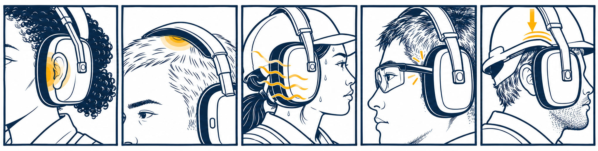 Cinq illustrations de probl&egrave;mes d'ajustement et de confort des casques antibruit&nbsp;: pression des oreilles, pression du bandeau, chaleur, interf&eacute;rence des lunettes de s&eacute;curit&eacute; et interf&eacute;rence du casque.
