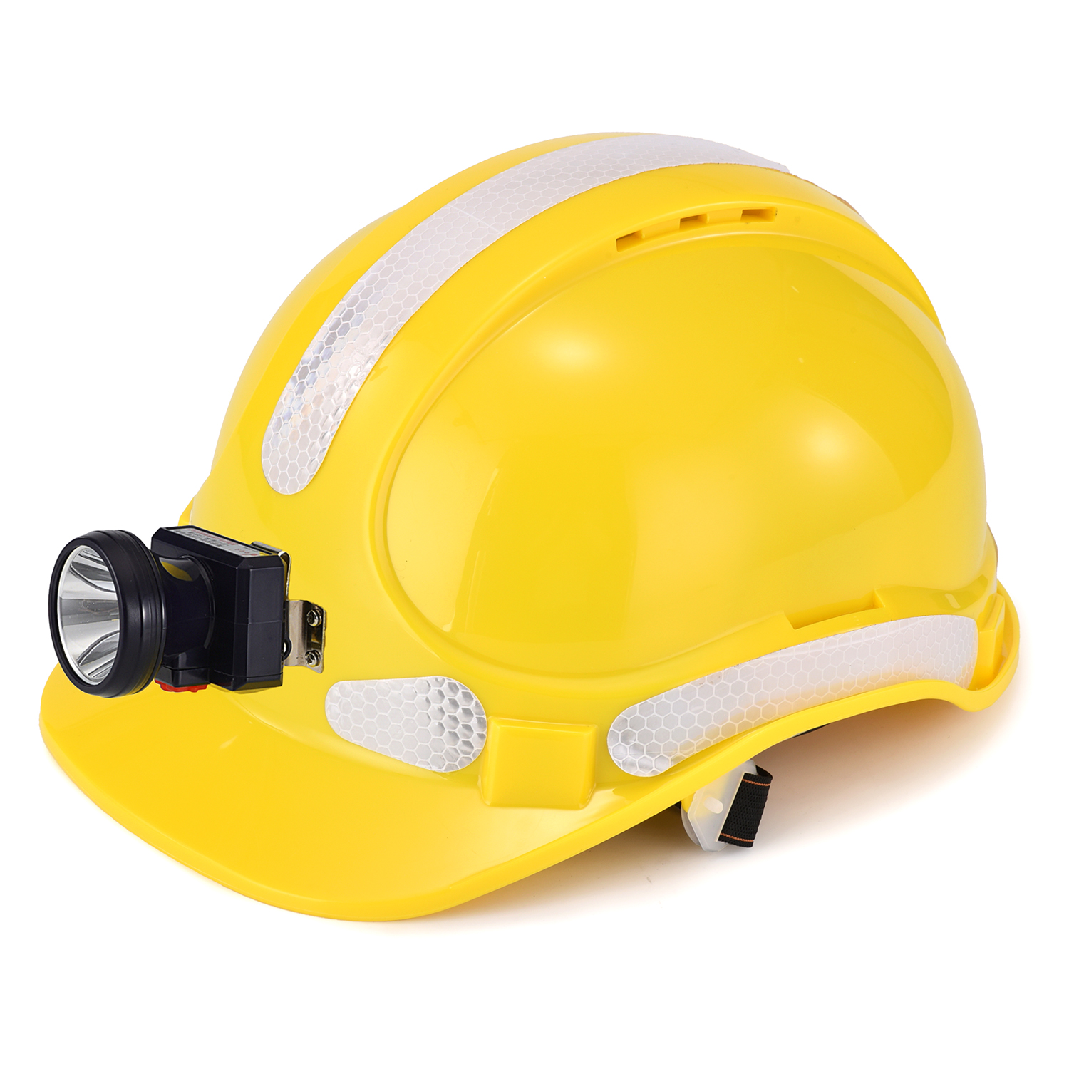 Casque de s&eacute;curit&eacute; de construction jaune avec lampe frontale et bandes r&eacute;fl&eacute;chissantes pour travaux industriels