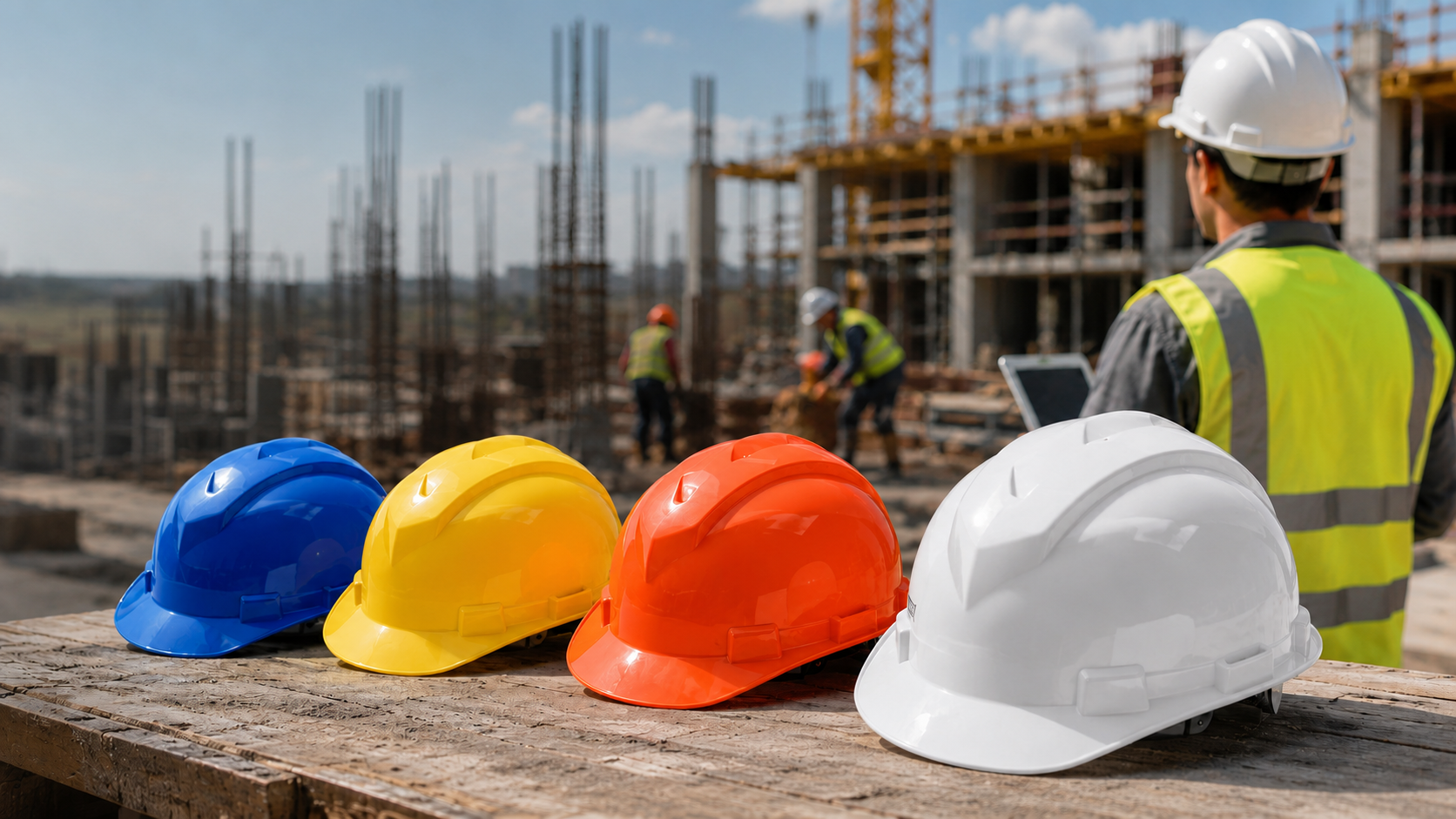 Casques de s&eacute;curit&eacute; de construction bleu jaune orange et blanc pour la protection de la t&ecirc;te du chantier
