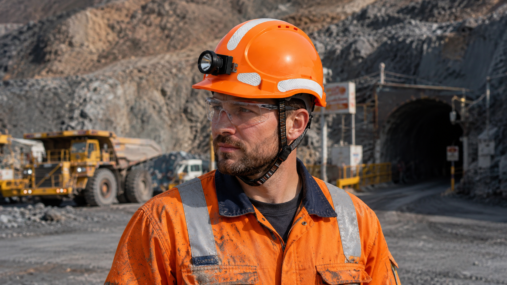 Travailleur minier portant un casque de s&eacute;curit&eacute; orange avec lampe frontale et bandes r&eacute;fl&eacute;chissantes dans une mine &agrave; ciel ouvert