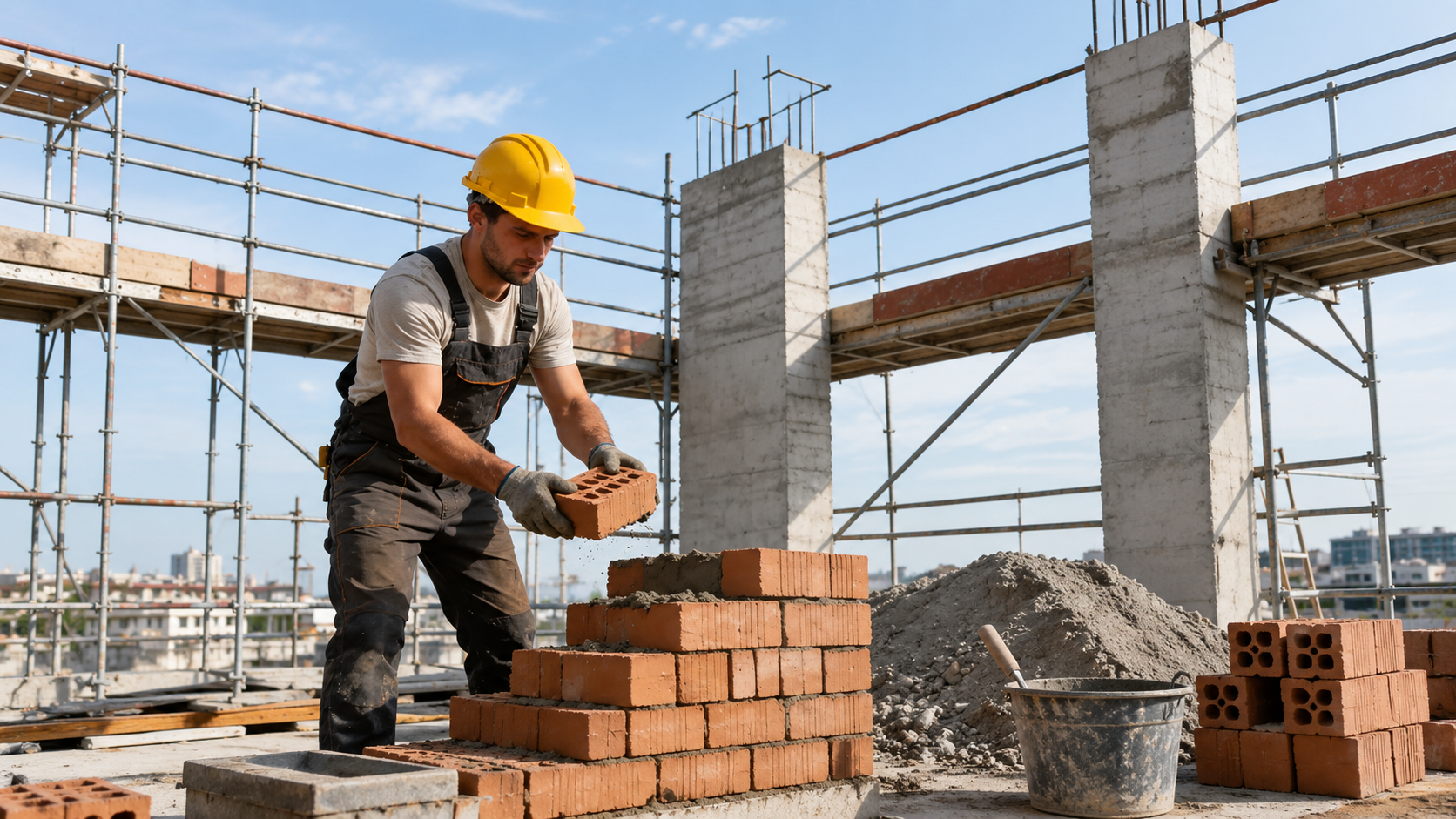 Ouvrier du b&acirc;timent portant un casque de s&eacute;curit&eacute; jaune lors de la pose de briques sur un chantier