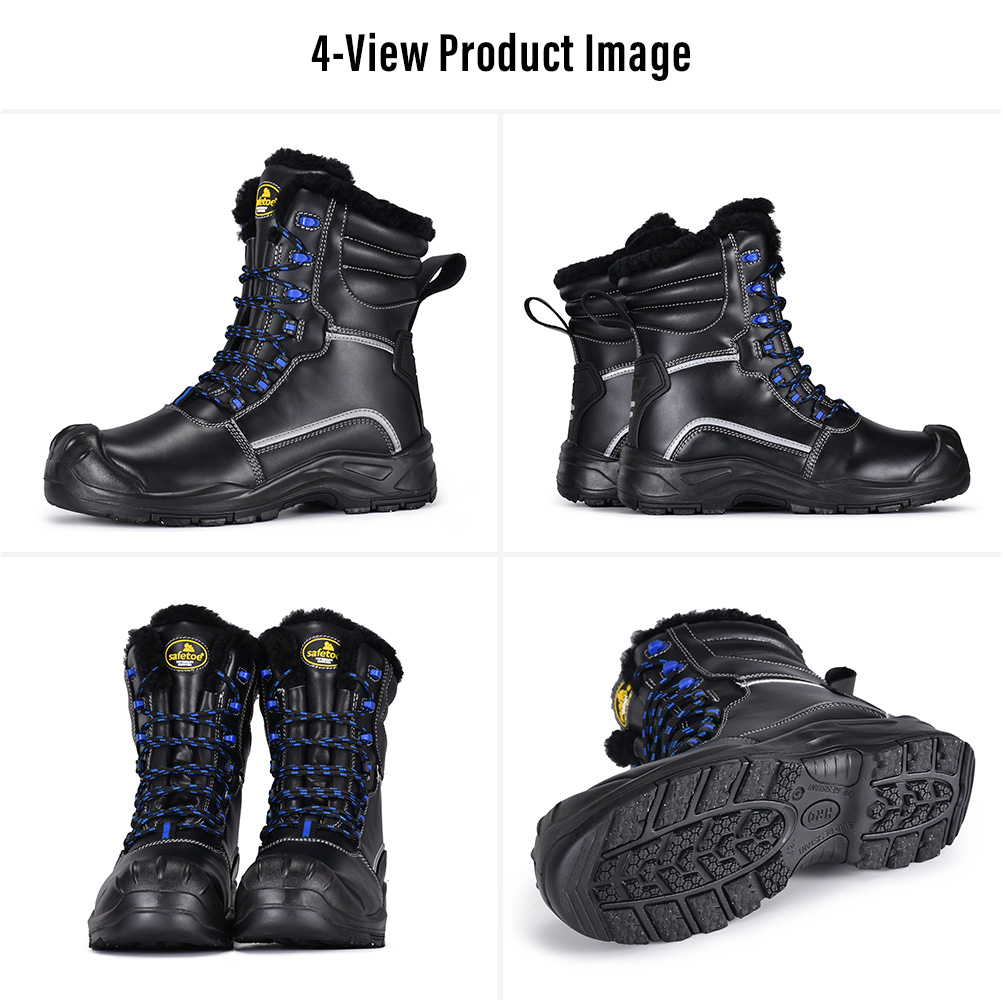 Image en quatre vues de Safetoe bottes de s&eacute;curit&eacute; d'hiver isol&eacute;es H-9550 IceShield Pro montrant les vues lat&eacute;rales, avant, arri&egrave;re et de la semelle ext&eacute;rieure adh&eacute;rente &agrave; la glace 