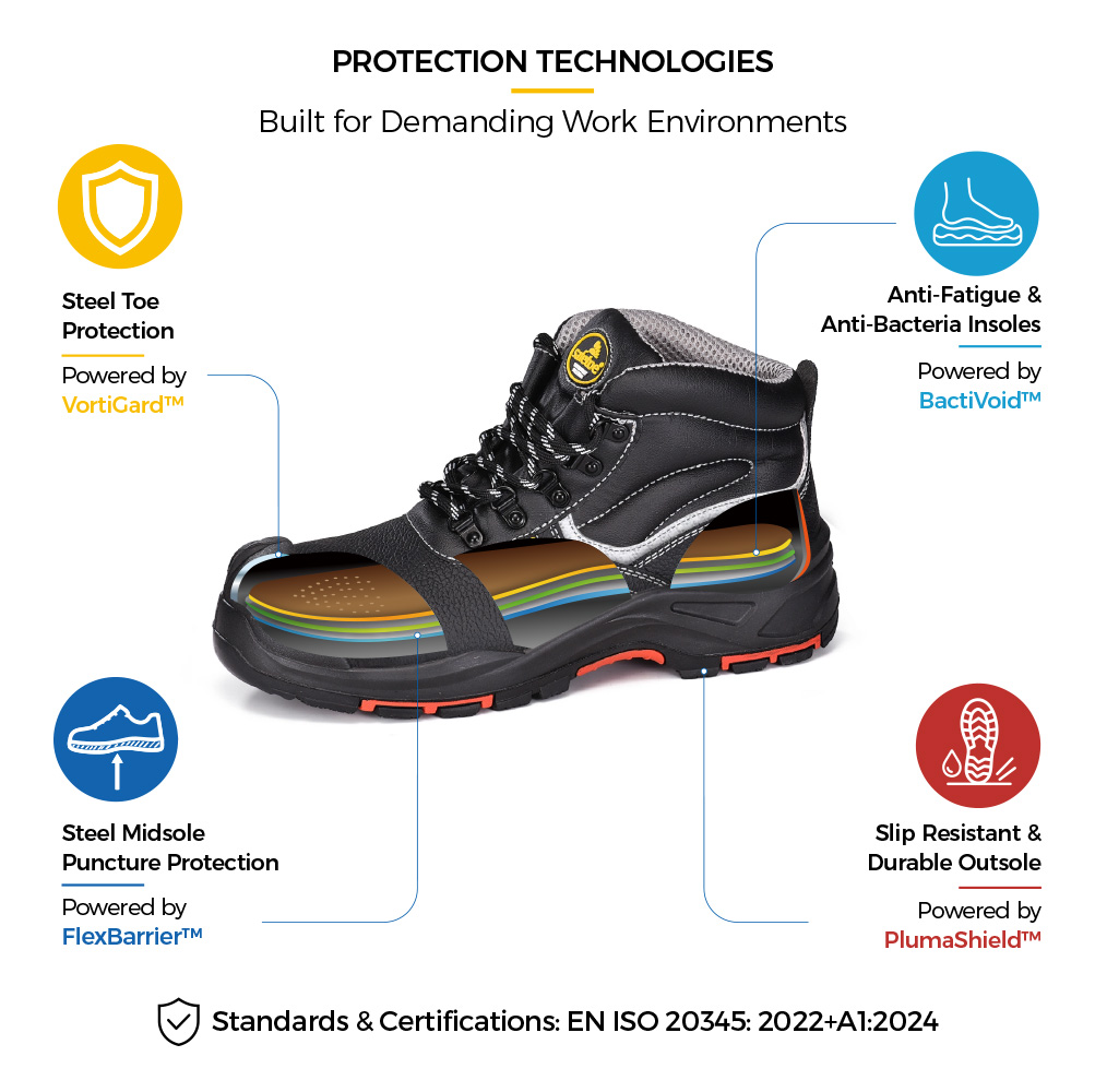 M-8520PRST SiteShield Max Chaussures de s&eacute;curit&eacute; pour la construction industrielle en cuir de vache noir avec construction de protection 