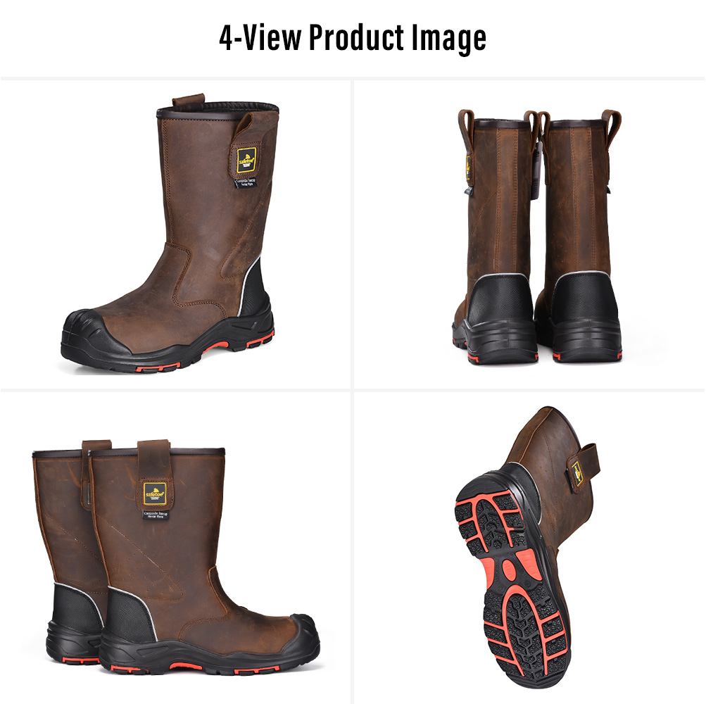 Quatre vues des bottes de s&eacute;curit&eacute; Safetoe H-9437 S3 pour les travaux p&eacute;troliers et gaziers