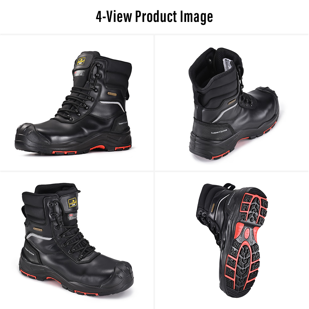 Quatre vues des bottes de travail mini&egrave;res isol&eacute;es et imperm&eacute;ables en cuir noir H-9552BK