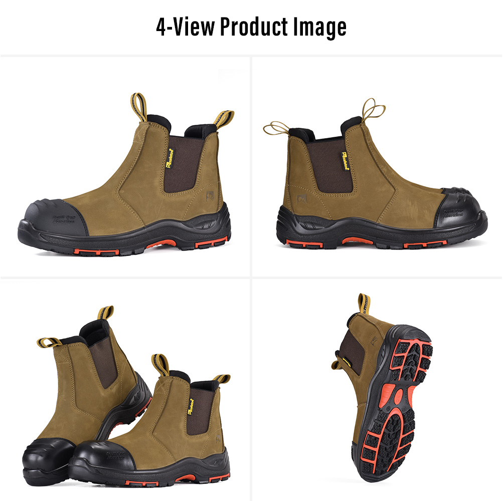 Plusieurs vues des bottes de s&eacute;curit&eacute; industrielles &agrave; enfiler en cuir marron M-8025NB