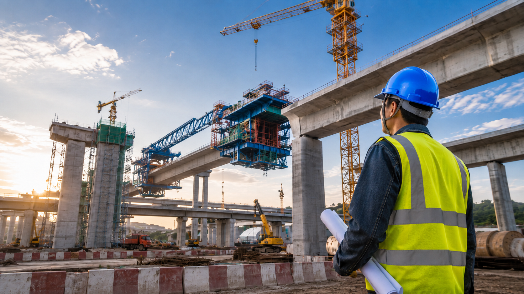 Ing&eacute;nieur portant un casque de s&eacute;curit&eacute; de construction bleu lors d'un grand projet de pont d'infrastructure