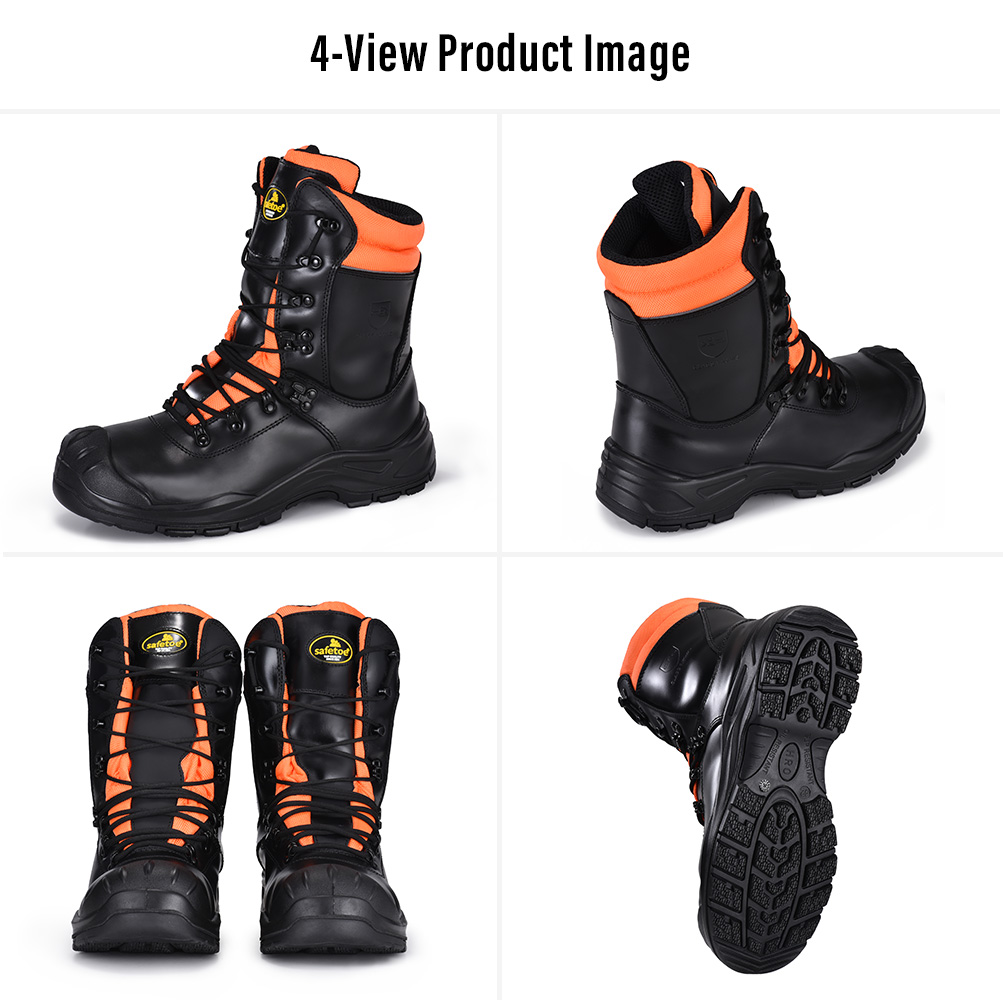 Image &agrave; quatre vues de Safetoe Bottes de s&eacute;curit&eacute; contre la tron&ccedil;onneuse H-9555 pour la foresterie et l'exploitation foresti&egrave;re montrant les vues avant, arri&egrave;re, lat&eacute;rales et de la semelle ext&eacute;rieure. {[ 