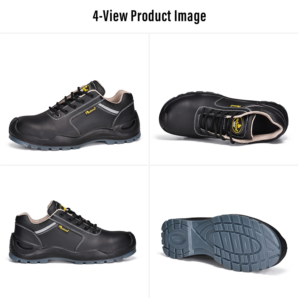 Quatre vues de bottes de s&eacute;curit&eacute; Safetoe L-7285 S3 pour les travaux de fabrication