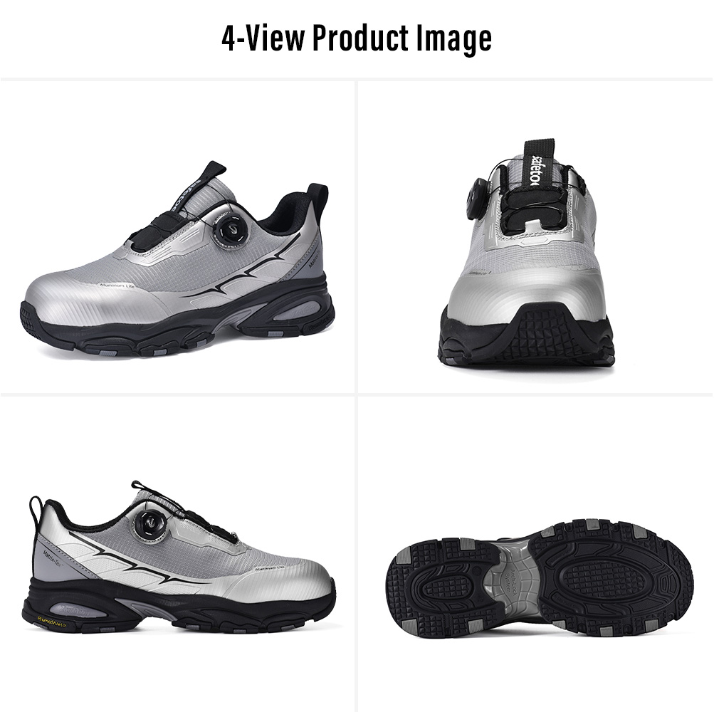 Image du produit &agrave; quatre vues des chaussures de s&eacute;curit&eacute; L-7601 &agrave; embout en aluminium QuickDial™ argent&eacute; 