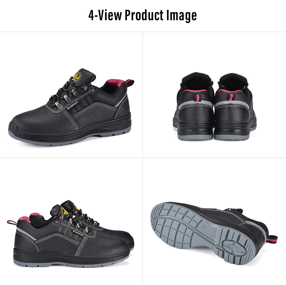 Quatre vues de Safetoe chaussures de s&eacute;curit&eacute; basses noires pour femmes L-7508W avec embout en acier, doublure rose et semelle ext&eacute;rieure antid&eacute;rapante en PU/PU 