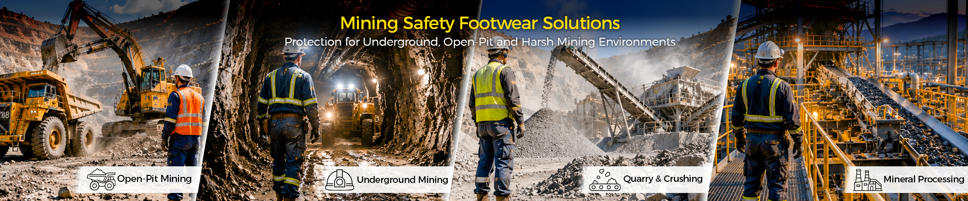 Bottes de sécurité minière conçues pour les mines souterraines, les opérations minières à ciel ouvert et les environnements miniers difficiles