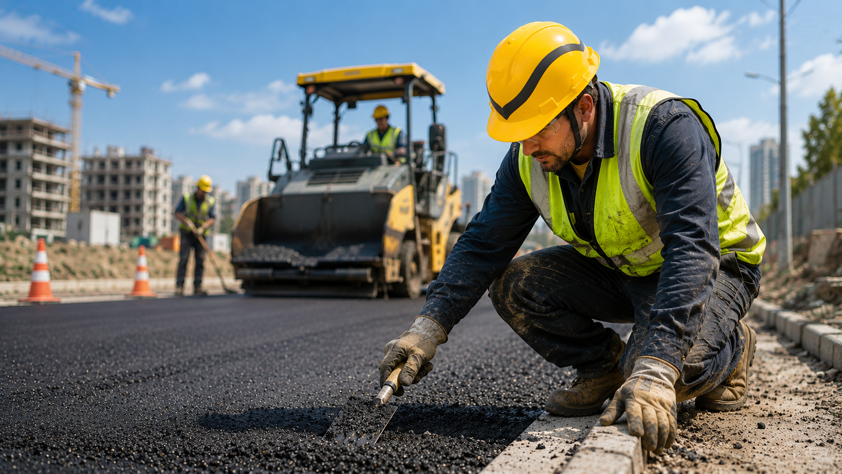 Ouvrier de la construction routi&egrave;re portant un casque de s&eacute;curit&eacute; jaune tout en travaillant sur le pavage d'asphalte