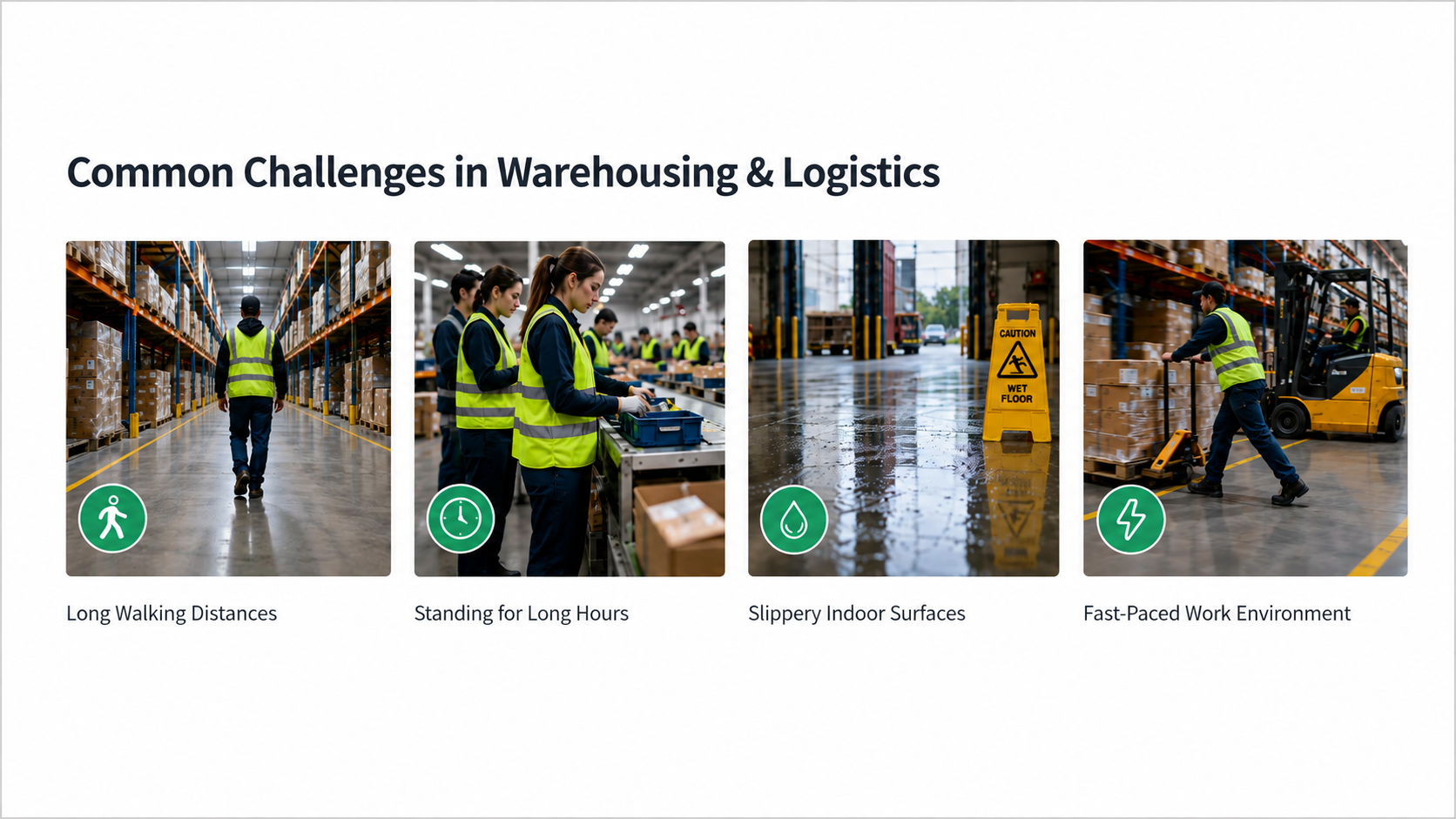 D&eacute;fis courants en mati&egrave;re d'entreposage et de logistique, notamment les longues marches, la position debout prolong&eacute;e, les sols glissants et le rythme de travail rapide.