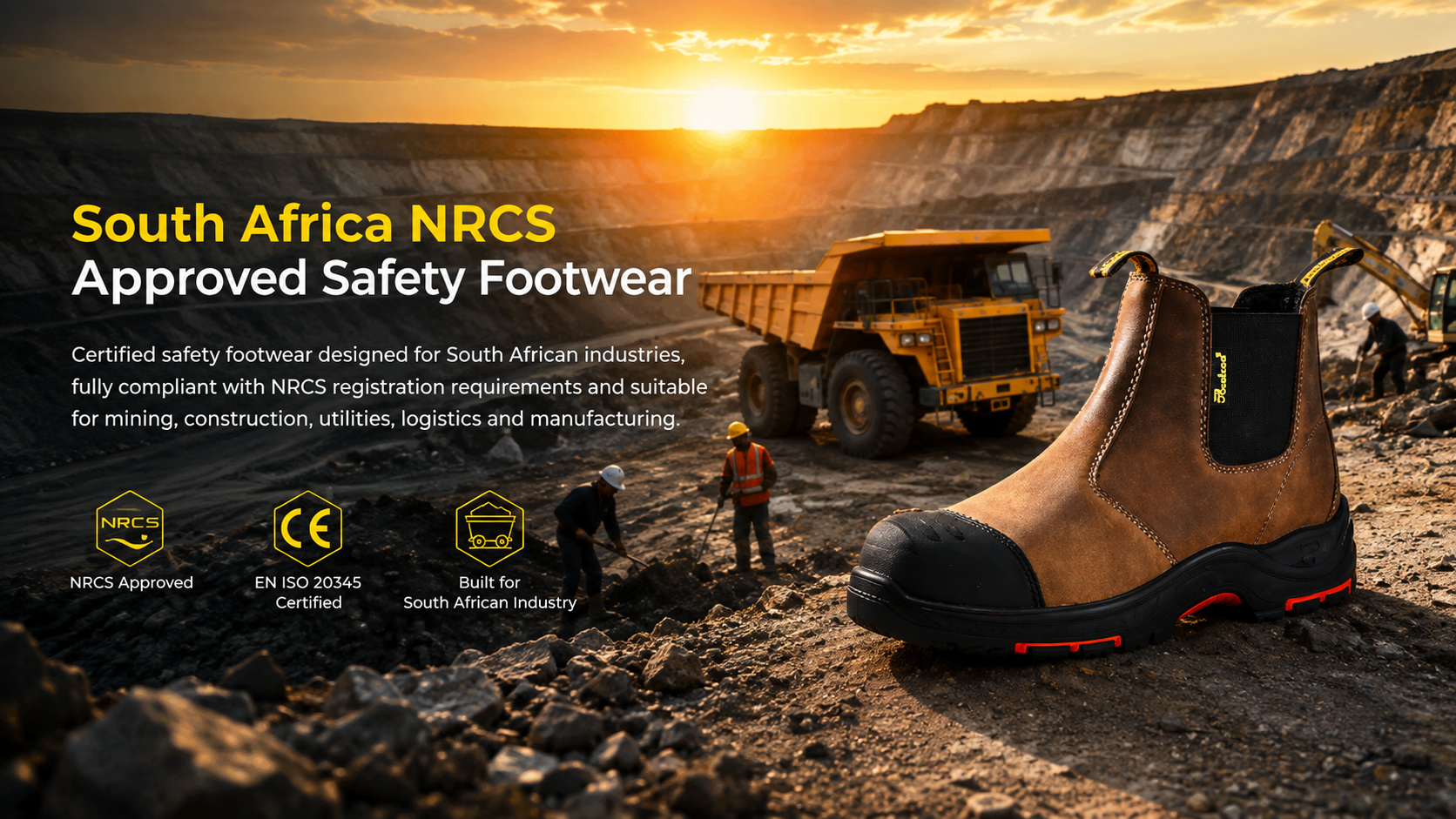 Chaussures de s&eacute;curit&eacute; approuv&eacute;es par le NRCS d'Afrique du Sud pour les travaux miniers, de construction, de logistique et industriels