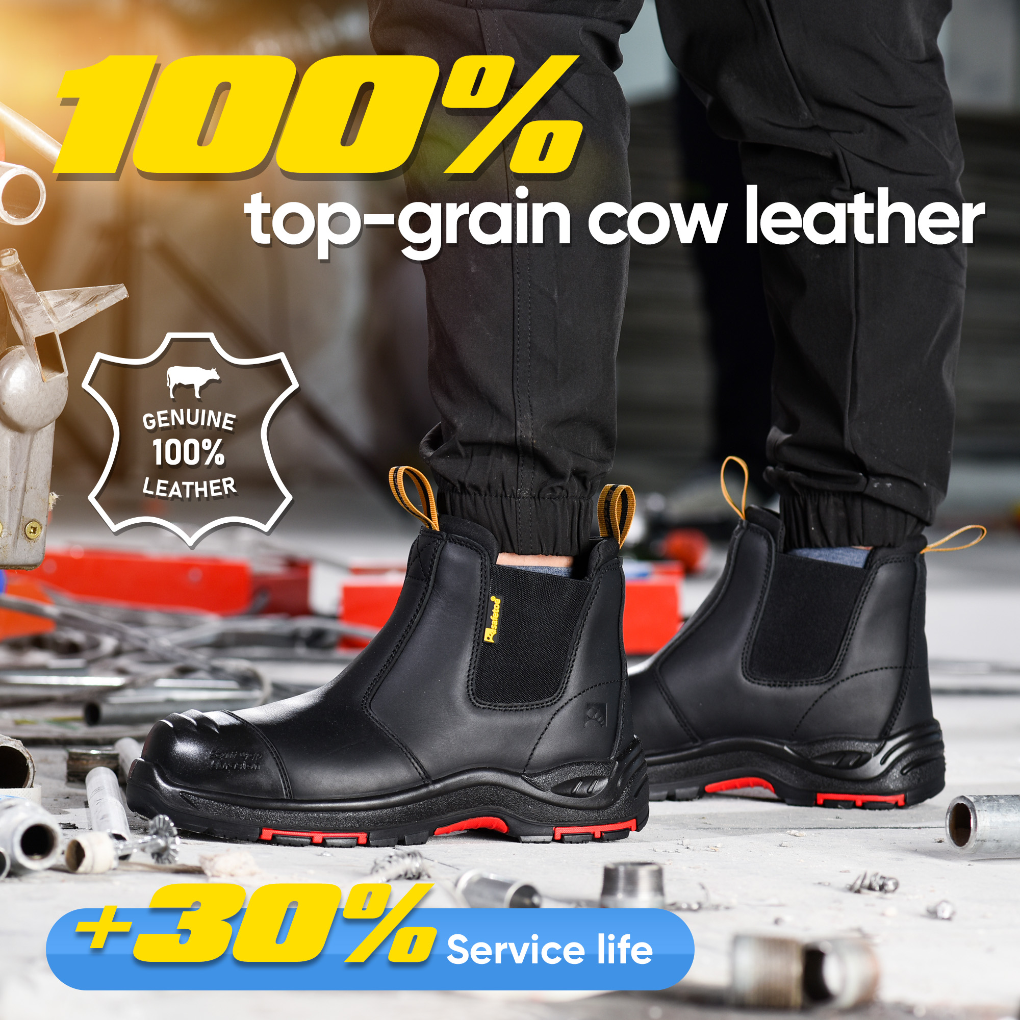 Bottes de sécurité à enfiler en cuir noir avec embout composite et protection en Kevlar | M-8025NBK