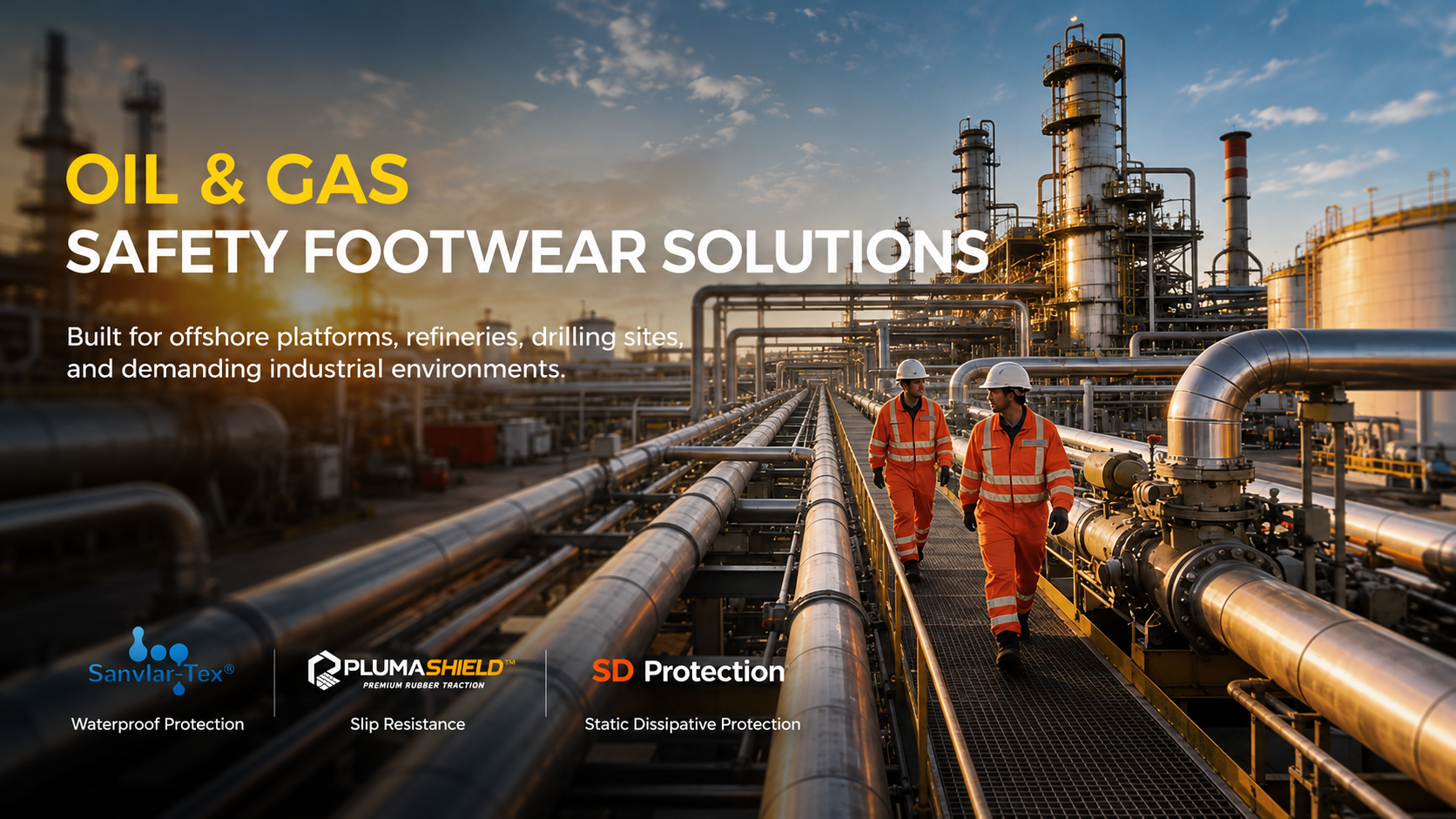 Solutions de chaussures de s&eacute;curit&eacute; pour le p&eacute;trole et le gaz avec protection imperm&eacute;able, antid&eacute;rapante et antistatique pour les raffineries et les plates-formes offshore