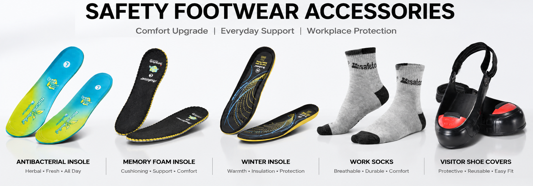 Accessoires pour chaussures de sécurité, notamment semelles intérieures confortables, chaussettes de travail et couvre-chaussures visiteurs pour les lieux de travail professionnels