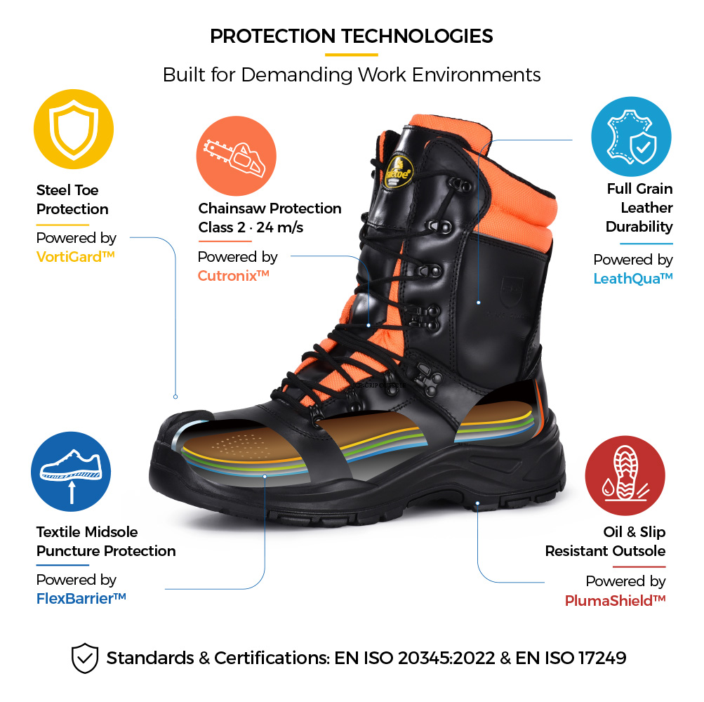 Safetoe Technologies de protection contre les tron&ccedil;onneuses H-9555 avec embout en acier, protection contre les tron&ccedil;onneuses de classe 2, semelle intercalaire en textile et semelle ext&eacute;rieure antid&eacute;rapante &agrave; l'huile. 