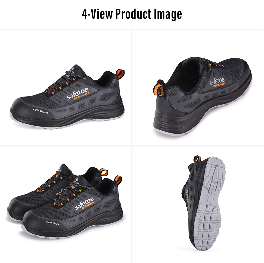 Vues multiples de chaussures de s&eacute;curit&eacute; basses respirantes avec embout protecteur et semelle ext&eacute;rieure antid&eacute;rapante 