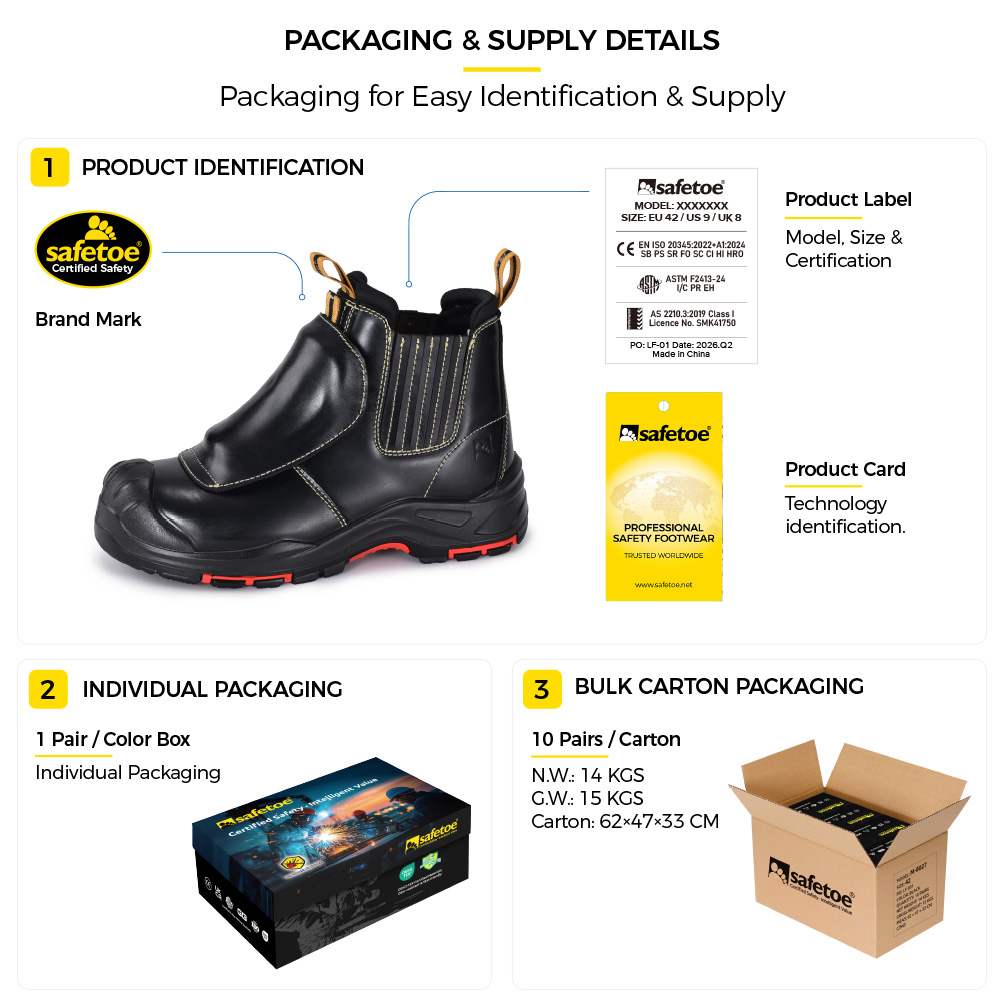Bottes de s&eacute;curit&eacute; m&eacute;tatarsiennes M-8025NBKMP avec &eacute;tiquette du produit, bo&icirc;te individuelle et emballage en carton en vrac