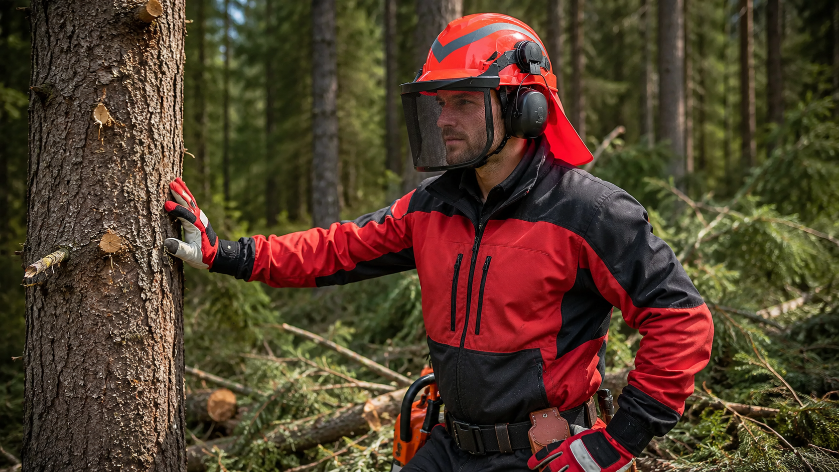 Travailleur forestier portant un casque de s&eacute;curit&eacute; avec &eacute;cran facial et protection auditive