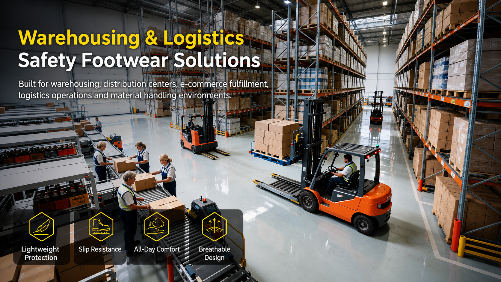 Solutions de chaussures de s&eacute;curit&eacute; pour l'entreposage et la logistique offrant une protection l&eacute;g&egrave;re, une r&eacute;sistance au glissement, un confort et une respirabilit&eacute;