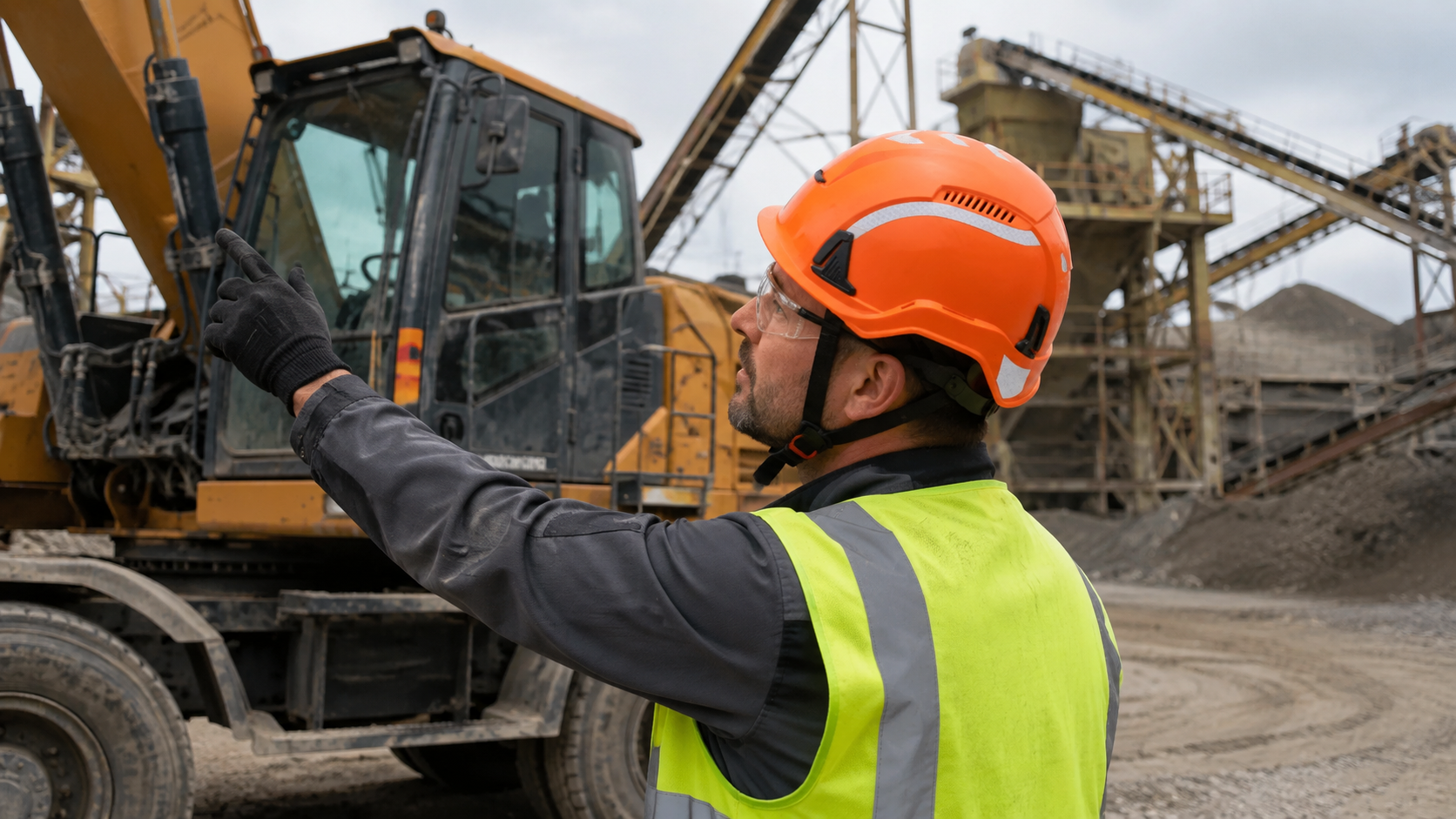 Ouvrier industriel portant un casque de s&eacute;curit&eacute; orange tout en dirigeant de la machinerie lourde sur un chantier de carri&egrave;re