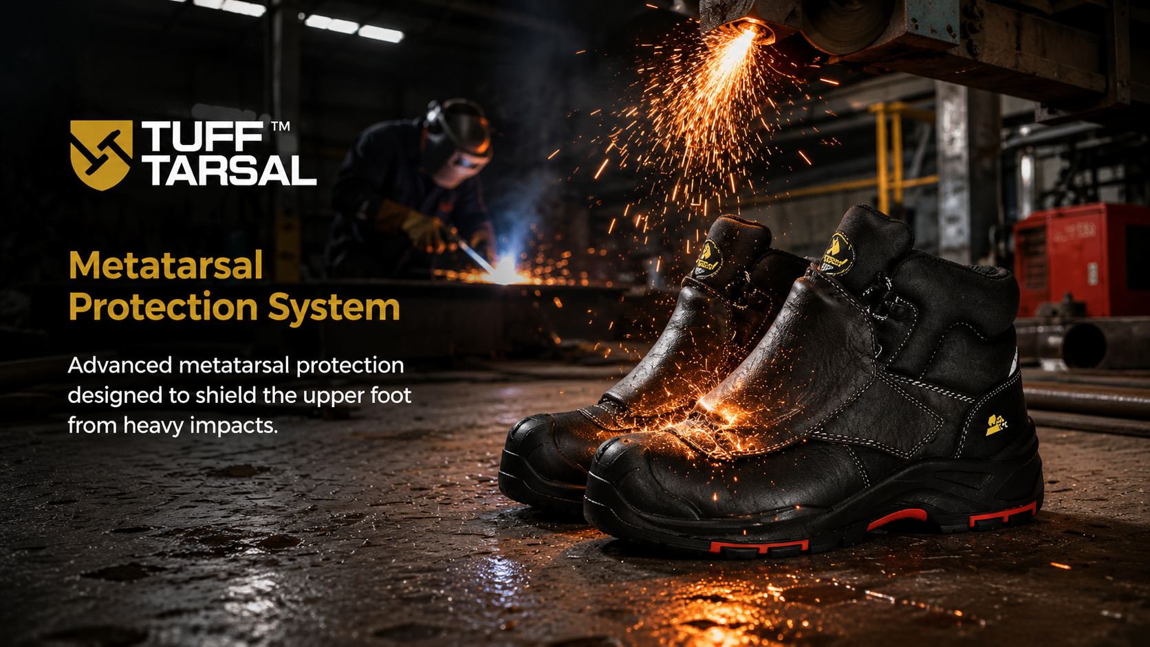 Bottes de s&eacute;curit&eacute; noires avec protection m&eacute;tatarsienne TuffTarsal expos&eacute;es dans une usine m&eacute;tallurgique avec des &eacute;tincelles de meulage