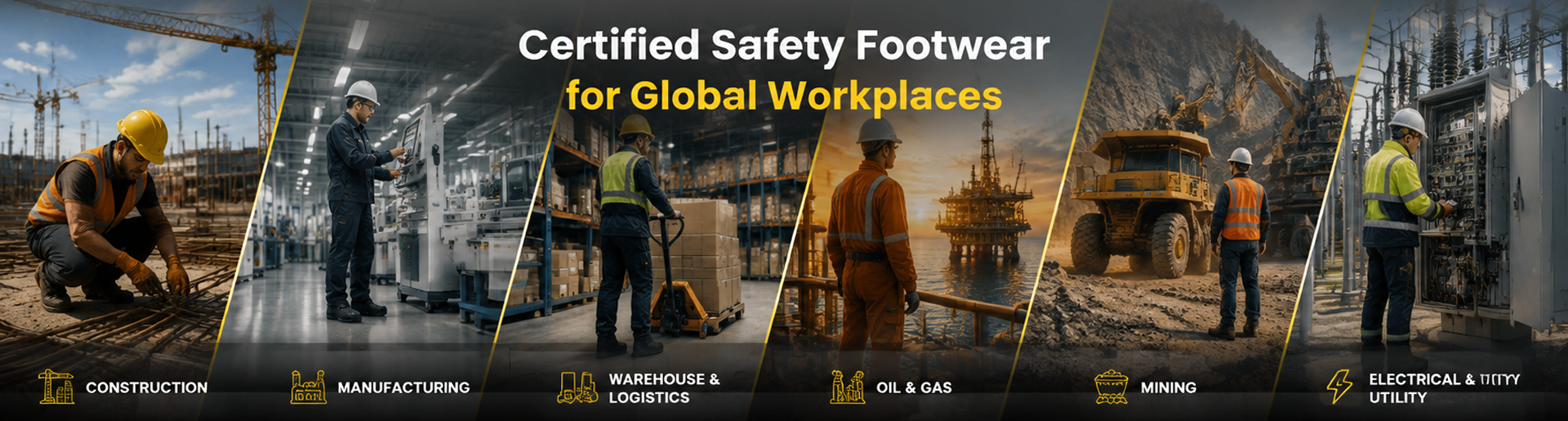 Chaussures de sécurité certifiées pour les lieux de travail du monde entier, notamment la construction, la fabrication, les entrepôts, le pétrole et le gaz, les mines et les applications électriques.