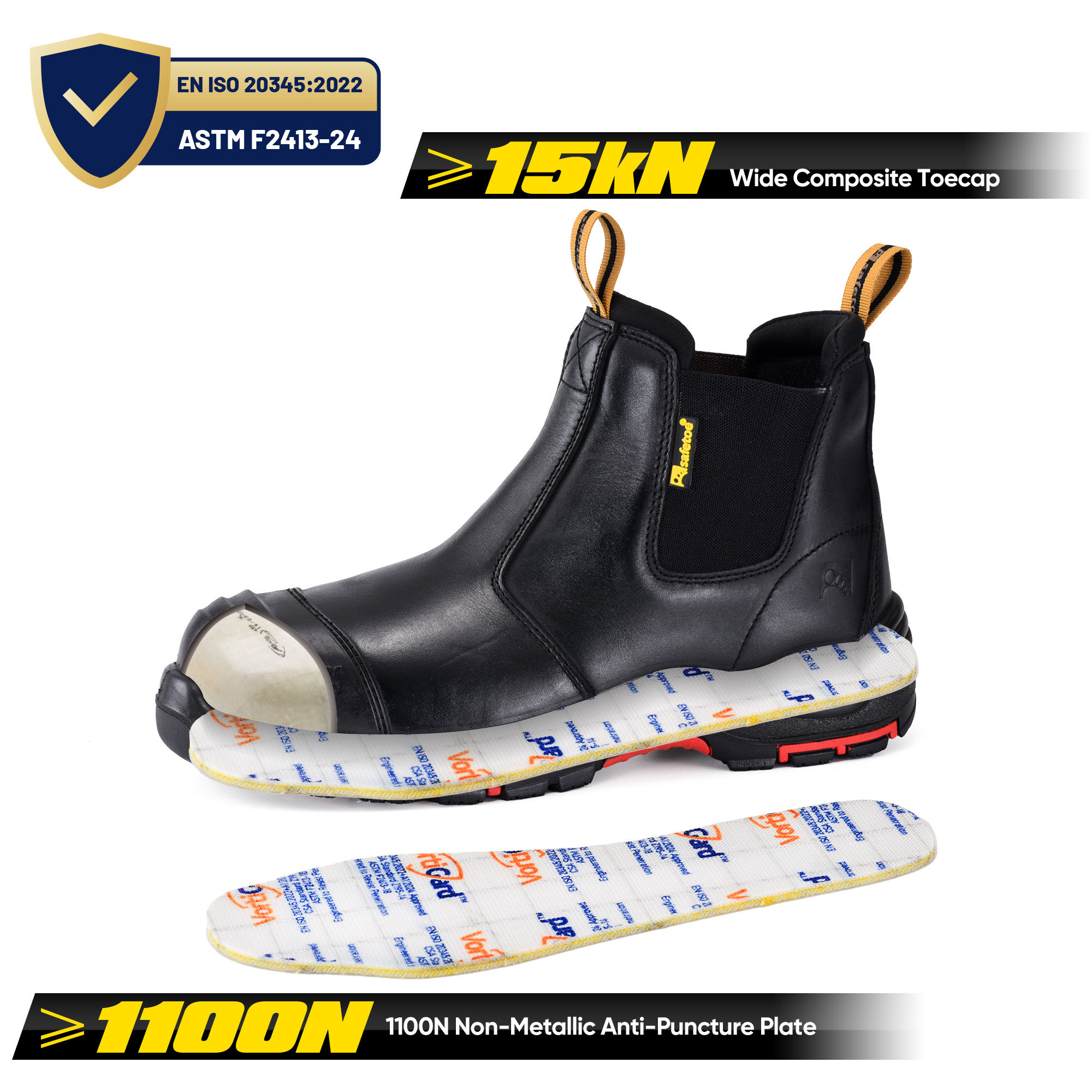 Bottes de sécurité à enfiler en cuir noir avec embout composite et protection en Kevlar | M-8025NBK