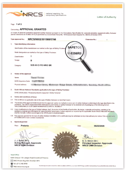 Certificat d'approbation NRCS d'Afrique du Sud pour les chaussures de s&eacute;curit&eacute; Safetoe M-8356BR