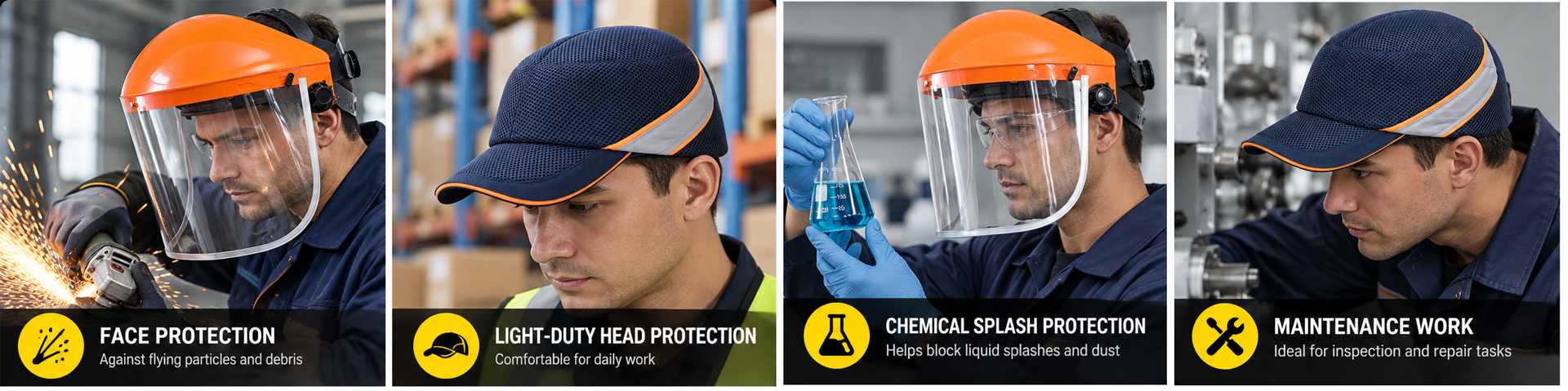Écrans faciaux, casquettes anti-heurt et accessoires pour la protection du lieu de travail
