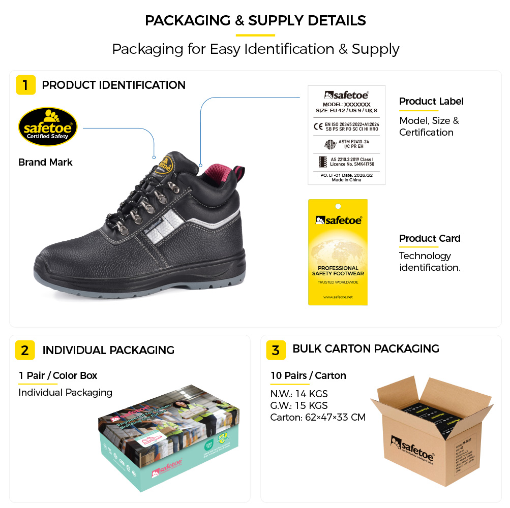 Safetoe Bottes de s&eacute;curit&eacute; pour femmes M-8516W avec &eacute;tiquette du produit, bo&icirc;te &agrave; chaussures individuelle et emballage en carton en vrac